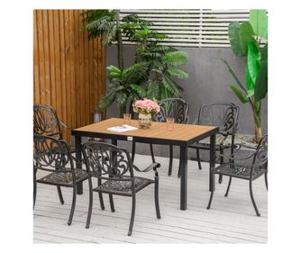 Алуминиева градинска маса за 6 човека, пластмасова маса за открито за тераса и балкон, черна и дървесен цвят