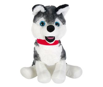 Caine din plus, cu ochi albastri, 45 cm, gri cu alb