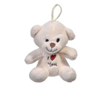 Ursulet mic din plus, inscriptionat cu inimioara si mesaj, moale si catifelat, 10 cm, bej
