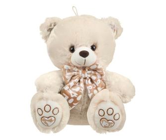 Ursulet din plus, moale si catifelat, cu fundita, 27 cm, bej