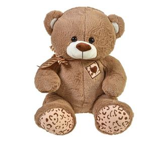 Ursulet din plus, moale si catifelat, cu fundita si inimioara, 40 cm, bej cu maro