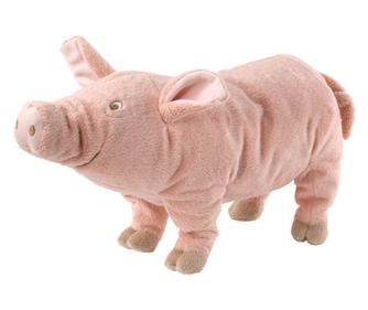 Jucarie de plus in forma de porc, moale si catifelat, lavabil la masina de spalat, rozaliu, lungime 34 cm