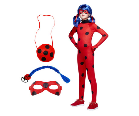 Costum pentru copii IdeallStore®, Miraculous Ladybug, tip combinezon, 7-9 ani, accesorii incluse