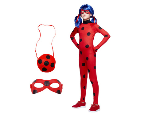 IdeallStore® gyerek jelmez, Miraculous Ladybug Katica, kezeslábas típusú, 7-9 éves, paróka és kiegészítők