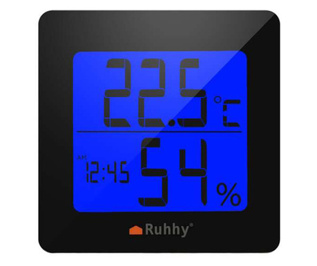 Termometru si higrometru de camera, 5 in 1, LCD, alb si negru, 1xAA, 9.5x4x9.5 cm, Ruhhy