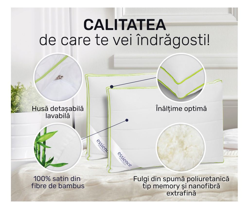 Set 2 perne 50x70 cm, Essience Premium Collection, husa satin bambus; umplutura fulgi memory si nanofibra extrafina; suport orto - 4
