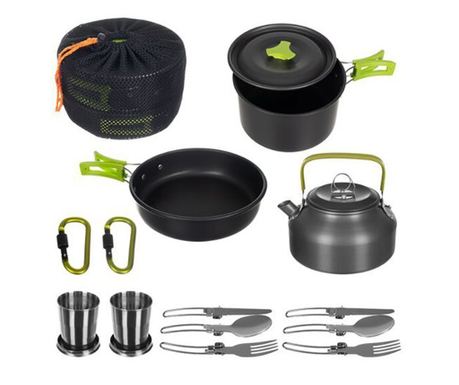 Oala, tigaie, ibric, tacamuri si cani, Isotrade, turistic, camping, set 18 piese