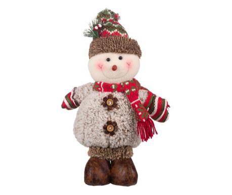 Decoratiune tema sarbatori de iarna, figurina Om de zapada care sta in picioare, cu pulover din lana, incaltaminte, fes cu ciucu