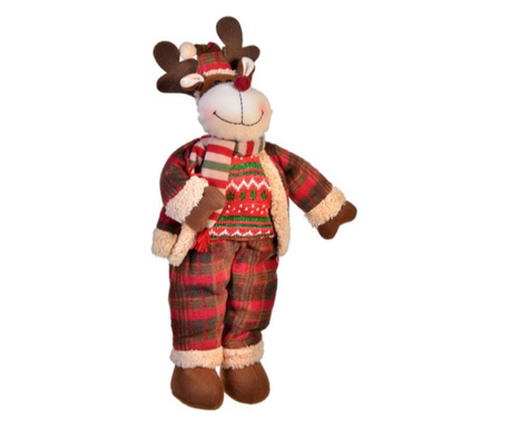 Decoratiune tema sarbatori de iarna, figurina Renul lui Mos Craciun, in picioare, cu pulover, pantaloni, fes, fular si jacheta,