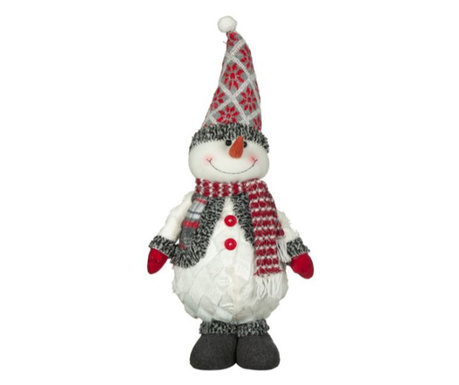 Decoratiune tema sarbatori de iarna, figurina Om de zapada care sta in picioare, cu fes cu ciucure, botine, jacheta, manusi si f