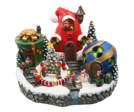 Decor masa, cu Orasul lui Mos Craciun si peisaj de iarna, figurine si luminite festive, pe baterii, 24 cm, multicolor