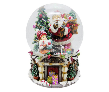 Decoratiune audio tip snowball cu sunete, Mos Craciun inconjurat de cadouri, brad si colindator, pe o baza decorata cu semineu,