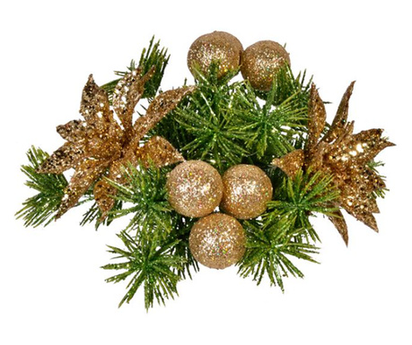 Decor de masa Craciun, coronita artificiala tip inel pentru lumanari, decorata cu globuri si flori Craciunite, diametru 15 cm, v
