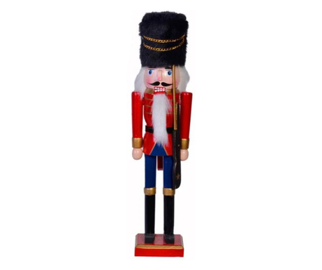 Decoratiune de Craciun tip soldat din lemn, in uniforma festiva rosu cu albastru, detalii aurii, arma si caciula de blana neagra