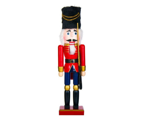 Decoratiune de Craciun tip soldat de lemn, in uniforma festiva rosu cu albastru, detalii aurii, caciula din blana neagra si arma