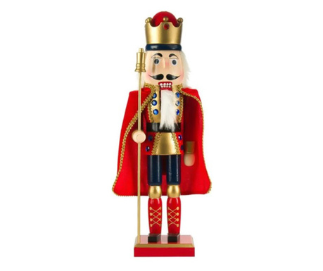 Decoratiune de Craciun tip soldatel de lemn, rege in uniforma festiva rosu si auriu, cu sceptru, pelerina si coroana impodobita,
