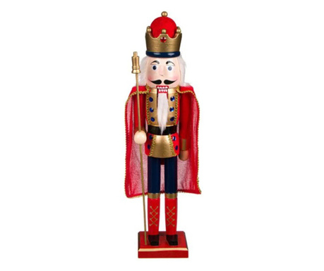 Decoratiune de Craciun tip soldat de lemn, rege in uniforma festiva rosu si auriu, cu sceptru, pelerina si coroana impdobita, 60