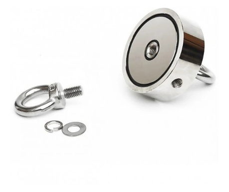 Magnet neodim oală D 60 mm cu două cârlige inelare și două fețe x 120 kg - magnet fishing
