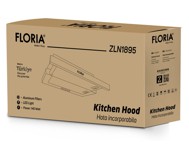 Абсорбатор за вграждане Floria ZLN1895, 60 cm, 140 W, 450 m3/h, 3 скорости, 2 филтъра, 68 dB, Черен