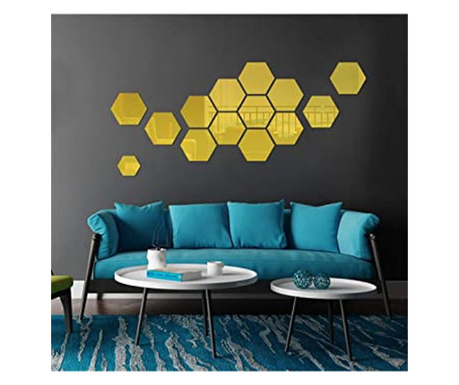 Set Oglinzi Decorative Acrilice din PVC Design Hexagon XL Size GOLD Luxury Home 12 bucati/set
