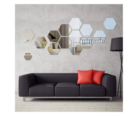 Set Oglinzi Acrilice Design Hexagon - Oglinzi Decorative XXL Size Silver Luxury Home 12 bucati/set