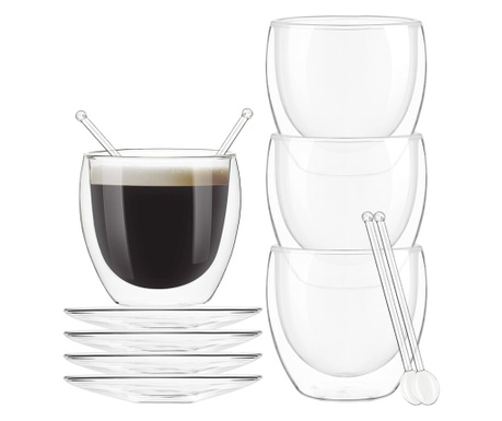 Комплект от чаши, чинийки и лъжички, Quasar & Co., двустенна, 250 мл, прозрачна, 4 броя