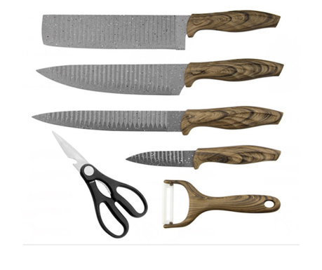 Комплект ножове HausRoland HR001-1, 6 части, Белачка и ножица, Гумена дръжка, Кафяв