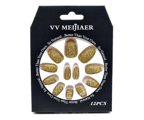 Комплект от 12 блестящи фалшиви нокти, VV Meijiaer, злато
