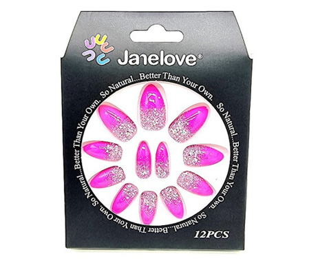 Комплект от 12 Glitter Glider Фалшиви нокти, Janelove, Fuchsia