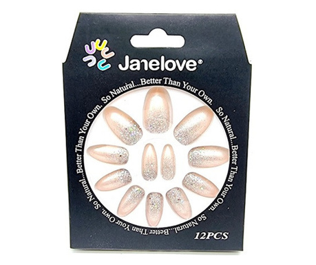 Комплект от 12 Glitter Glitter Glider Фалшиви нокти, Janelove, пудра розова