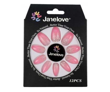 Комплект от 12 Glitter Glitter Glider Фалшиви нокти, Janelove, бледо розово