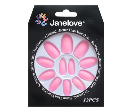 Комплект от 12 матови фалшиви нокти, Janelove, мат, бледо розово