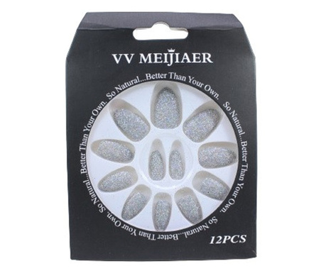 12 hamis csillogó körmöt tartalmazó készlet, VV Meijiaer, ezüst