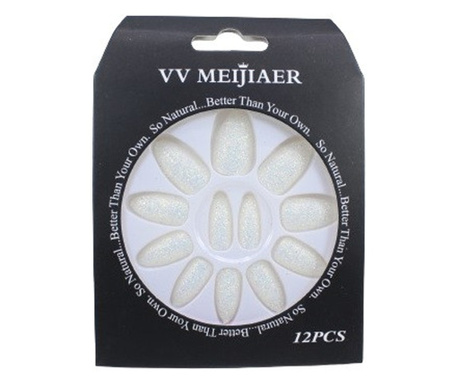 12 hamis csillogó körmöt tartalmazó készlet, VV Meijiaer, gyöngyház fehér