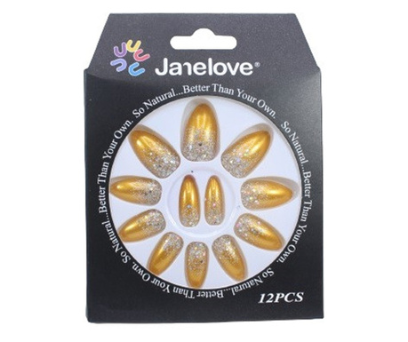 12 db csillogó csillogó színátmenetes műkörmökből álló készlet, Janelove, sárga