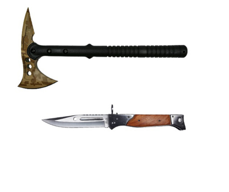 Ideallstore® fejszekészlet, Survivor Desert Camo és AK-47 kés, 34 cm, hüvely tartozék