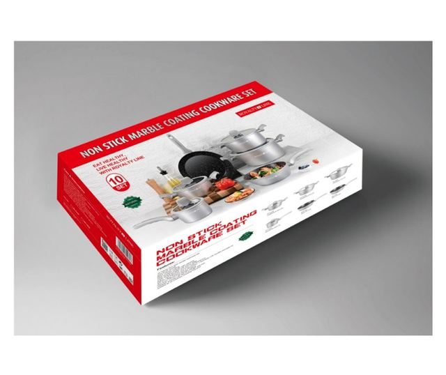 Комплект тенджери и тигани Royalty Line T010-Silver, 10 части, Мраморно покритие, Индукция, Сребрист