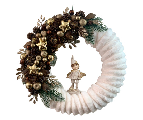 Coronita decorativa de iarna cu figurina spiridus, realizata manual, alb, auriu, 30 cm