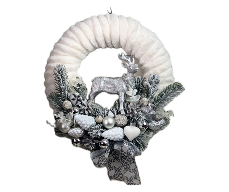 Coronita de iarna feerica cu cerb argintiu, alb, argintiu, 30 cm