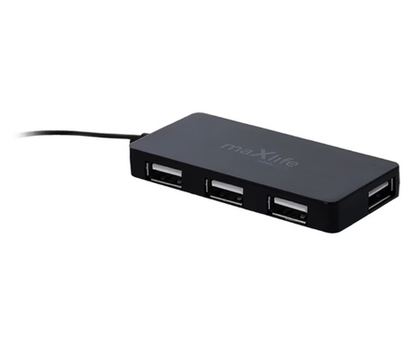 Hub Maxlife Home Office USB 2.0, 4xUSB 2.0 cu prelungire cablu USB 1.5m, 40Mb/s, negru