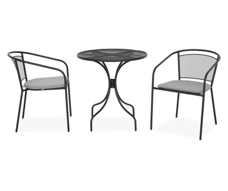 Set 2 scaune cu spatar mediu si masa rotunda BERLIN H.72 D.70 negru/gri