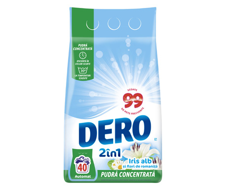Detergent de rufe pudra Dero 2in1 Iris Alb, 3kg, 40 spalari