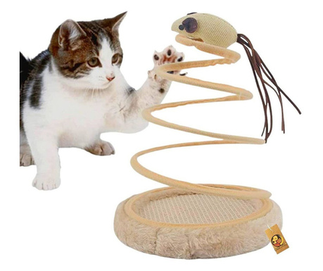 Jucarie interactiva pentru pisicute, Ascutitor ghiare, Model Soricel cu coada lunga, 15 x 23 cm, Bej