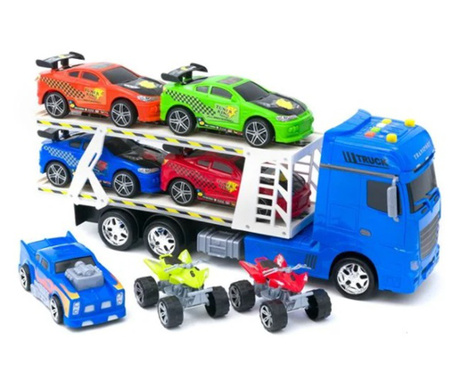 Set de jucarie pentru baieti, tir cu frictiune, masini de curse, camioneta si atv-uri, cu sunete si lumini, 8 piese, multicolor,
