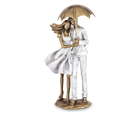 Figurina cuplu cu umbrela, gri/auriu, 28x13x9,5 cm