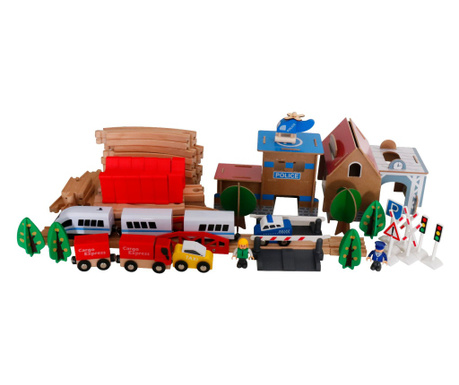 Dječji drveni vlak - set od 88 dijelova s ​​lokomotivom na baterije