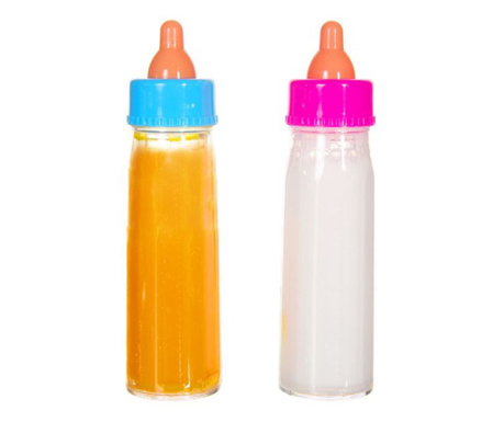 Set 2 biberoane pentru papusa bebelus, alb/galben, plastic, 10 cm, +3 ani