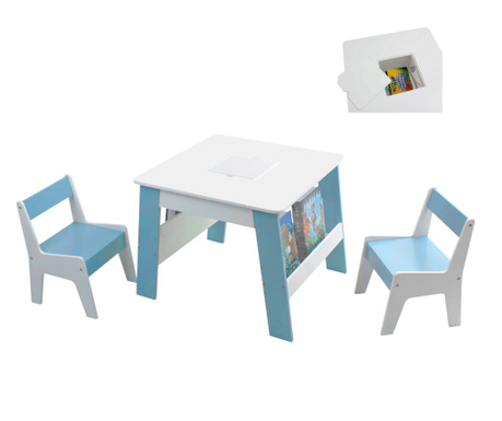 Masa pentru copii din lemn cu 2 scaune, container pentru jucarii si constructori, depozitare carti, alb, albastru