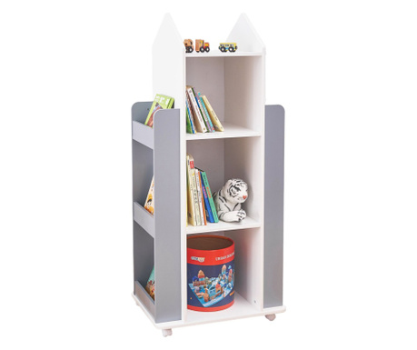 Dječji odjeljak s 4 police, drveni, rotirajući za 360°, za odlaganje knjiga i igračaka, bijeli, sivi