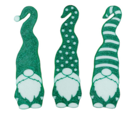 Set cu 3 spiridusi de Craciun, gnomi decorativi pentru brad sau perete, verde glitter, 170x50x2 mm